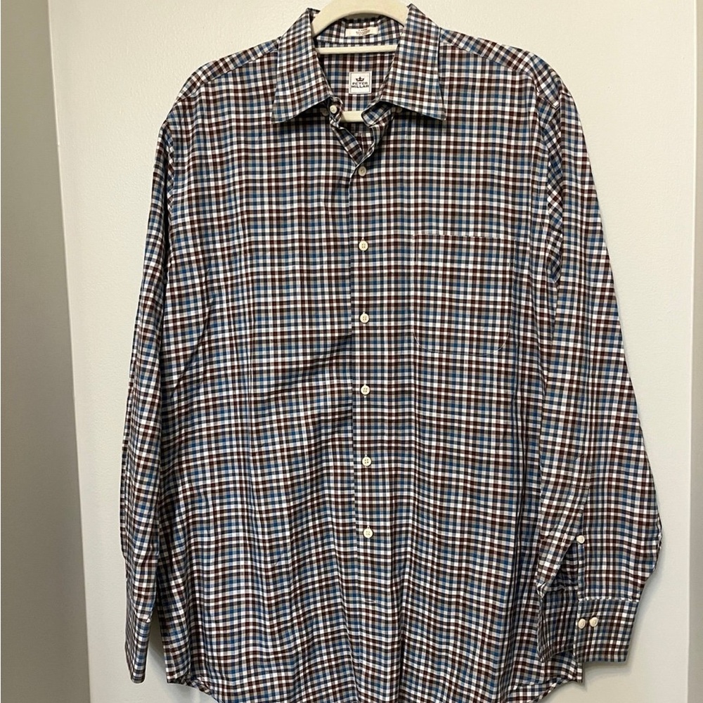 Peter Millar Dress Shirt Long Sleeve Button Up Mens Sz L Brown And‎ Blue EUC